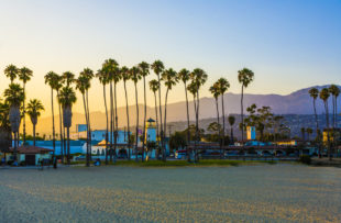 scenic promenade with lighthouse and palms in Santa Barbara in sunset